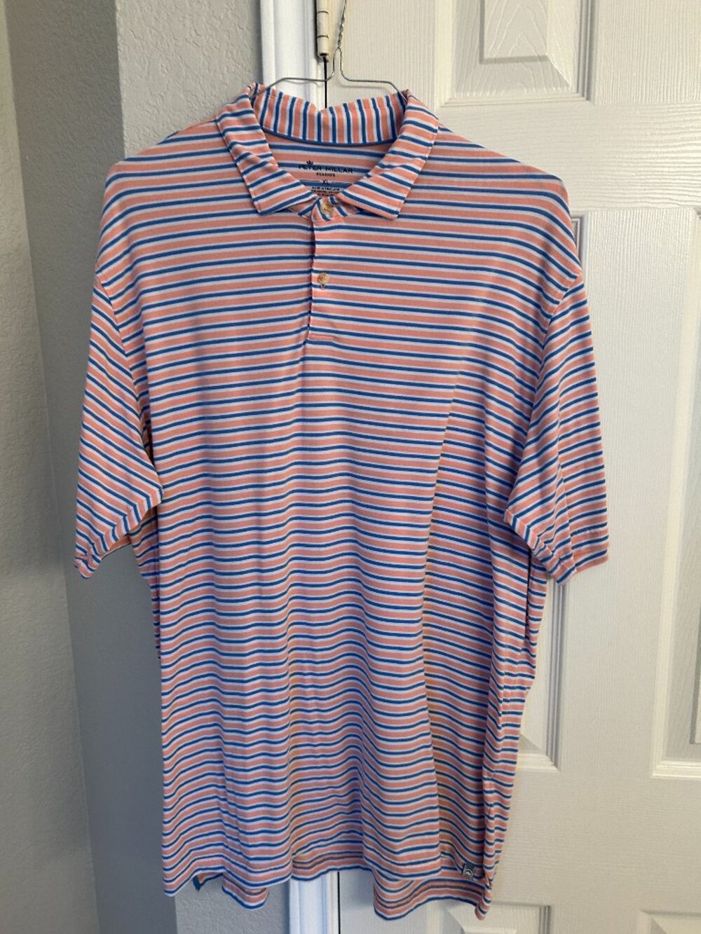 Peter Millar Seaside Men's 2 Button Short Sleeve Polo - Blue/Peach Stripe - XL